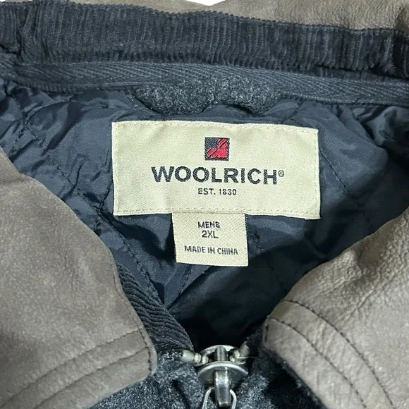 Woolrich Coat Men 2XL Wool Jacket Gray Full Zip Suede Leather Collar Quilt Lined